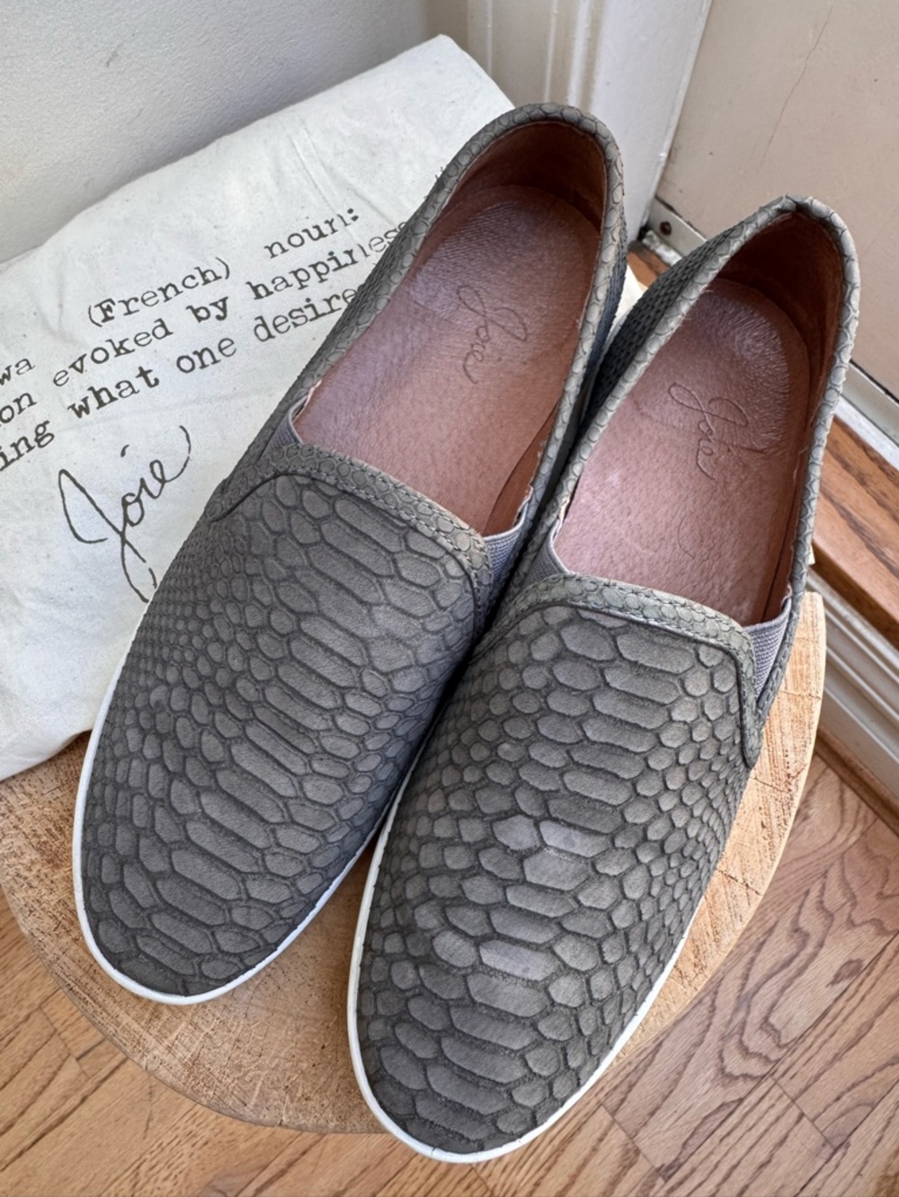 Joie Kidmore Gray/Taupe Snakeskin Textured Slip-On Loafers